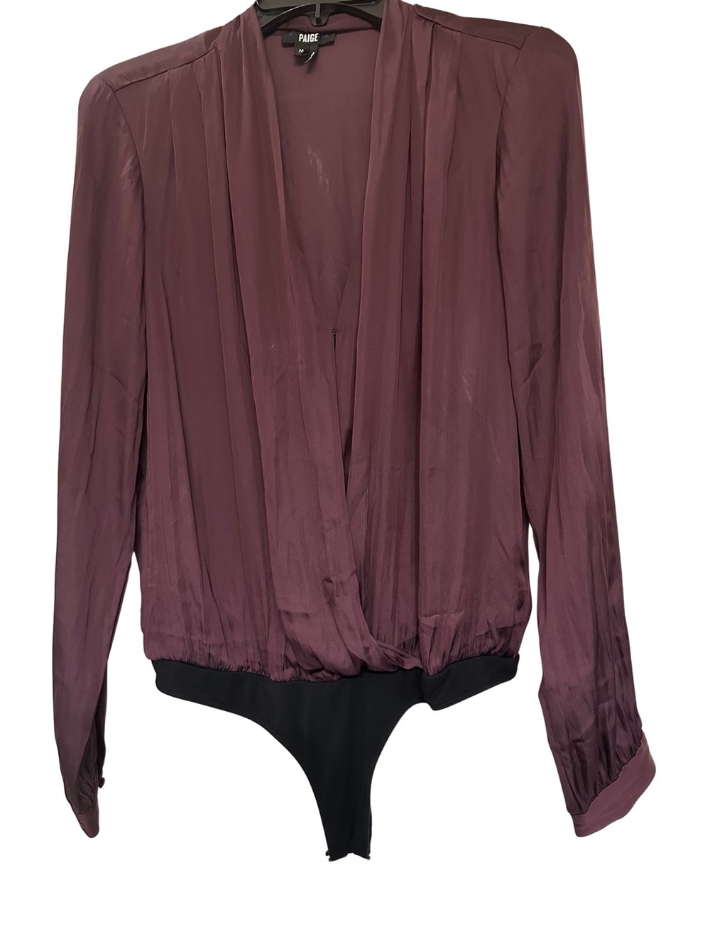 PAIGE Fig Wrap Bodysuit M Long Sleeve Surplice Silky Date Night Going Out Top